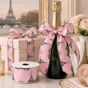 Chic French pink grey vintage paris eiffel tower Satin Ribbon