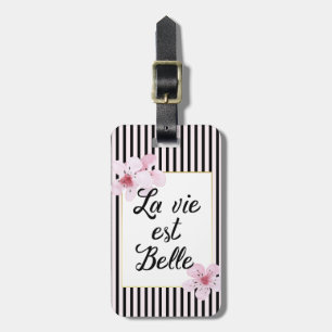 Chic French Script Pink Stripes and Cherry Blossom Luggage Tag