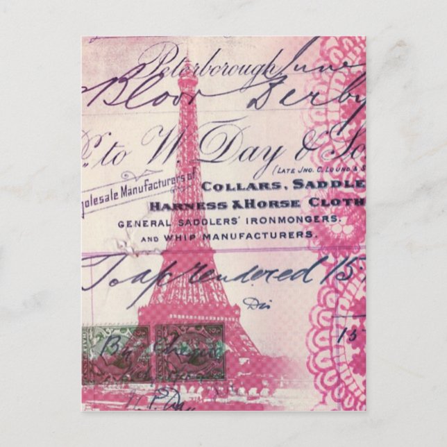 chic french scripts lace pink paris eiffel tower postcard (Front)