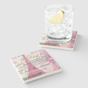 chic french scripts lace pink paris eiffel tower stone coaster