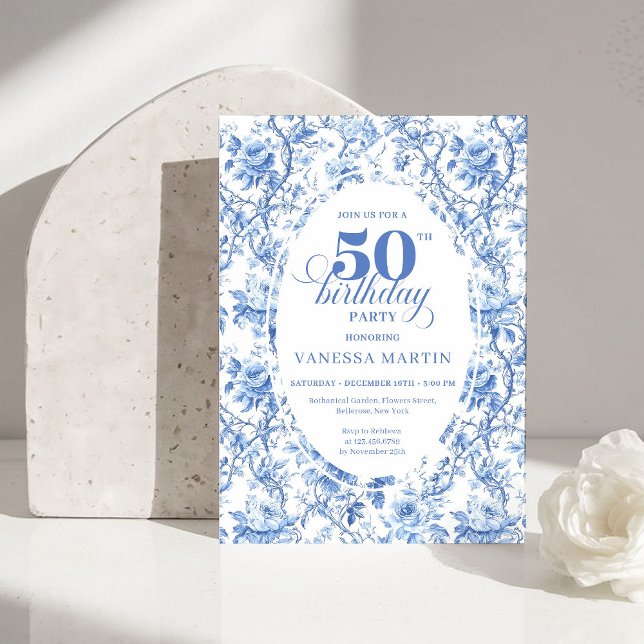 Chic French Toile de Jouy Blue Roses 50th Birthday Invitation (French Toile de Jouy Blue Roses 50th Birthday Invitation)