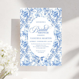 Chic French Toile de Jouy Blue Roses Bridal Shower Invitation