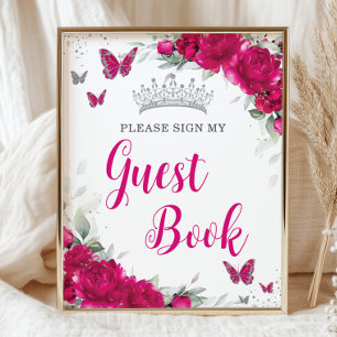 Chic Fuchsia Pink Floral Quinceañera Guest Book