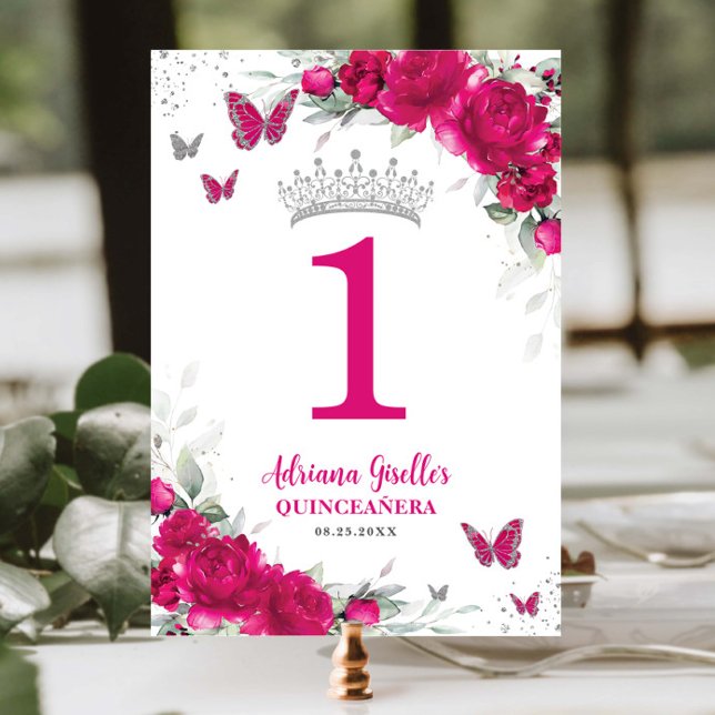 Chic Fuchsia Pink Floral Quinceañera XV Sweet 16 Table Number (Creator Uploaded)