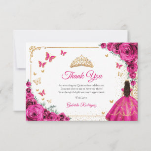Chic Fuchsia Pink Roses Gold Quinceanera Thank You Card