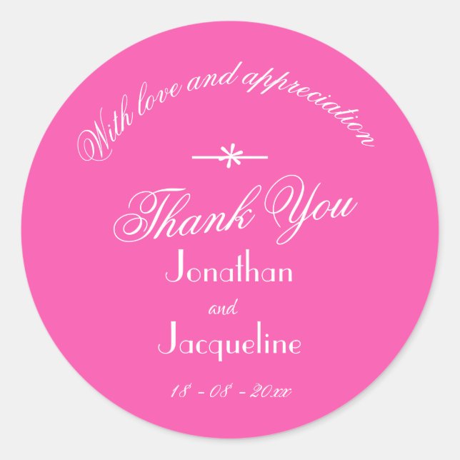 Chic Fuchsia Pink White Script 'Thank You' Wedding Classic Round Sticker (Front)