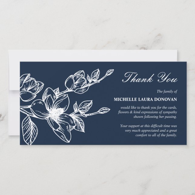 Chic Funeral Thank You Note | Navy Magnolia (Front)