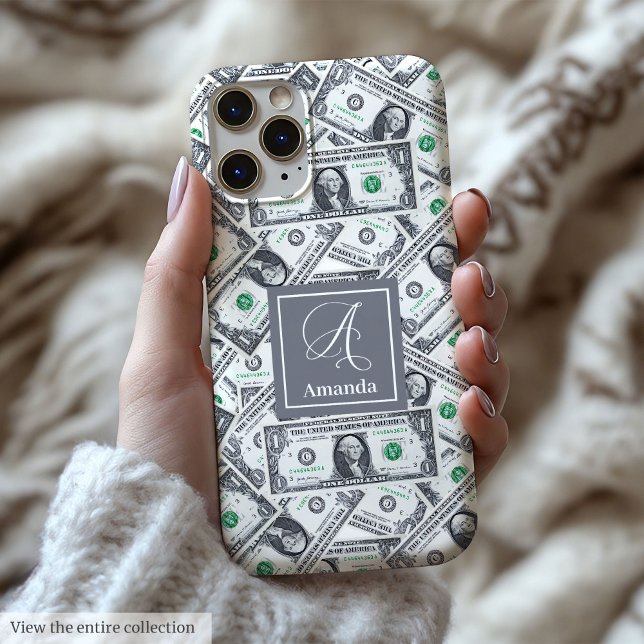 Chic funny gift for cash fans with monogram design Case-Mate iPhone case (Minimalist funny gift for money lovers with custom name)