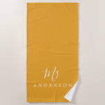 Chic Future Mr Mellow Yellow Monogram Beach Towel<br><div class="desc">Chic monogrammed beach towel with the text Mr in white elegant script calligraphy on a mellow yellow background. You can customise this luxurious beach towel with your married name. Perfect gift for the newlywed couple with the matching Mrs beach towel or for the bridal shower. Exclusively designed for you by...</div>