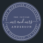 Chic Future Mr Mrs Return Address Dark Blue Classic Round Sticker<br><div class="desc">Chic, modern and simple wedding return address classic round sticker with the text the future Mr and Mrs in off-black elegant script on a dark blue background. Simply add your name and address. Exclusively designed for you by Happy Dolphin Studio. If you need any help or matching products please contact...</div>