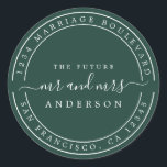 Chic Future Mr Mrs Return Address Dark Green Classic Round Sticker<br><div class="desc">Chic, modern and simple wedding return address classic round sticker with the text the future Mr and Mrs in off-black elegant script on a dark green background. Simply add your name and address. Exclusively designed for you by Happy Dolphin Studio. If you need any help or matching products please contact...</div>