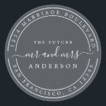 Chic Future Mr Mrs  Wedding Return Address Black Classic Round Sticker<br><div class="desc">Chic, modern and simple wedding return address classic round sticker with the text the future Mr and Mrs in white elegant handwritten script calligraphy on an off-black background. Simply add your name and address. Exclusively designed for you by Happy Dolphin Studio. If you need any help or matching products please...</div>