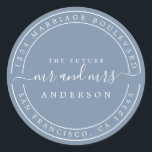 Chic Future Mr Mrs Wedding Return Address Blue Classic Round Sticker<br><div class="desc">Chic, modern and simple wedding return address classic round sticker with the text the future Mr and Mrs in white elegant handwritten script calligraphy on a vintage blue background. Simply add your name and address. Exclusively designed for you by Happy Dolphin Studio. If you need any help or matching products...</div>