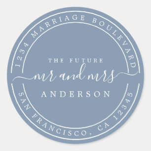 Chic Future Mr Mrs Wedding Return Address Blue Classic Round Sticker