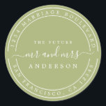 Chic Future Mr Mrs  Wedding Return Address Green C Classic Round Sticker<br><div class="desc">Chic, modern and simple wedding return address classic round sticker with the text the future Mr and Mrs in white elegant handwritten script calligraphy on a leaf green background. Simply add your name and address. Exclusively designed for you by Happy Dolphin Studio. If you need any help or matching products...</div>