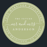 Chic Future Mr Mrs  Wedding Return Address Green C Classic Round Sticker<br><div class="desc">Chic, modern and simple wedding return address classic round sticker with the text the future Mr and Mrs in white elegant handwritten script calligraphy on a leaf green background. Simply add your name and address. Exclusively designed for you by Happy Dolphin Studio. If you need any help or matching products...</div>