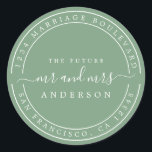 Chic Future Mr Mrs  Wedding Return Address Green Classic Round Sticker<br><div class="desc">Chic, modern and simple wedding return address classic round sticker with the text the future Mr and Mrs in white elegant handwritten script calligraphy on a mineral green background. Simply add your name and address. Exclusively designed for you by Happy Dolphin Studio. If you need any help or matching products...</div>