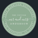 Chic Future Mr Mrs  Wedding Return Address Green Classic Round Sticker<br><div class="desc">Chic, modern and simple wedding return address classic round sticker with the text the future Mr and Mrs in white elegant handwritten script calligraphy on a mineral green background. Simply add your name and address. Exclusively designed for you by Happy Dolphin Studio. If you need any help or matching products...</div>