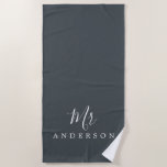 Chic Future Mr Off-Black Monogram Beach Towel<br><div class="desc">Chic off-black monogrammed beach towel with the text Mr in white elegant script calligraphy. You can customise this luxurious beach towel with your married name. Perfect gift for the newlywed couple with the matching Mrs beach towel or for the bridal shower. Exclusively designed for you by Happy Dolphin Studio. If...</div>