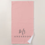 Chic Future Mr Pastel Pink Monogram Beach Towel<br><div class="desc">Chic pastel pink monogrammed beach towel with the text Mr in off-black elegant script calligraphy. You can customise this luxurious beach towel with your married name. Perfect gift for the newlywed couple with the matching Mrs beach towel or for the bridal shower. Exclusively designed for you by Happy Dolphin Studio....</div>