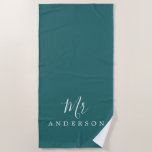 Chic Future Mr Teal Green Monogram Beach Towel<br><div class="desc">Chic teal green monogrammed beach towel with the text Mr in white elegant script calligraphy. You can customise this luxurious beach towel with your married name. Perfect gift for the newlywed couple with the matching Mrs beach towel or for the bridal shower. Exclusively designed for you by Happy Dolphin Studio....</div>