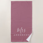 Chic Future Mrs Purple Cassis Monogram Beach Towel<br><div class="desc">Chic purple cassis monogrammed beach towel with the text Mrs in white elegant script calligraphy. You can customise this luxurious beach towel with your married name. Perfect gift for the newlywed couple with the matching Mr beach towel or for the bridal shower. Exclusively designed for you by Happy Dolphin Studio....</div>