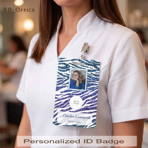Chic Galactic Indigo Blue Zebra Glitter Photo ID Badge