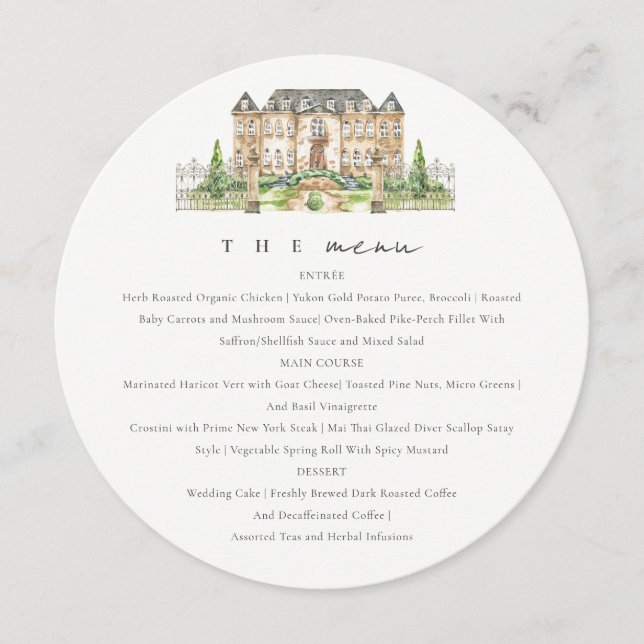 Chic Garden Chateau Watercolor Wedding Menu Card (Front)
