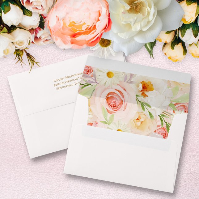 Chic Garden Floral Bridal Shower Envelope (Chic blush garden floral printed lining bridal shower envelopes - FREE return address on back flap)