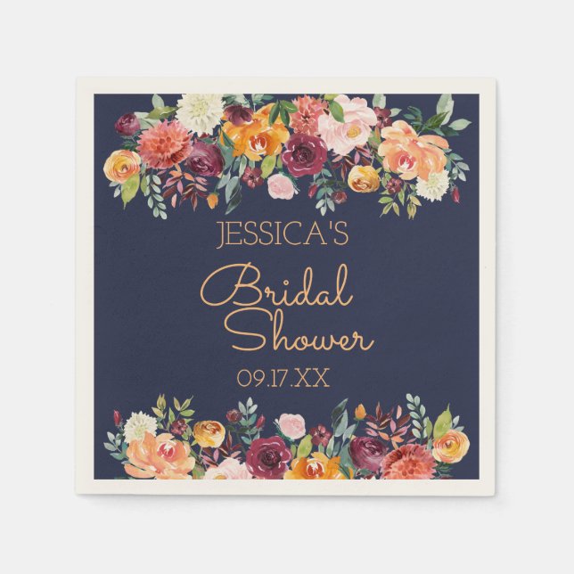 Chic Garden Floral Navy Blue Personalised Napkin (Front)