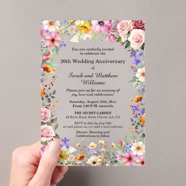 Chic Garden Flowers 20th Wedding Anniversary Acrylic Invitations (Insitu (Handheld))