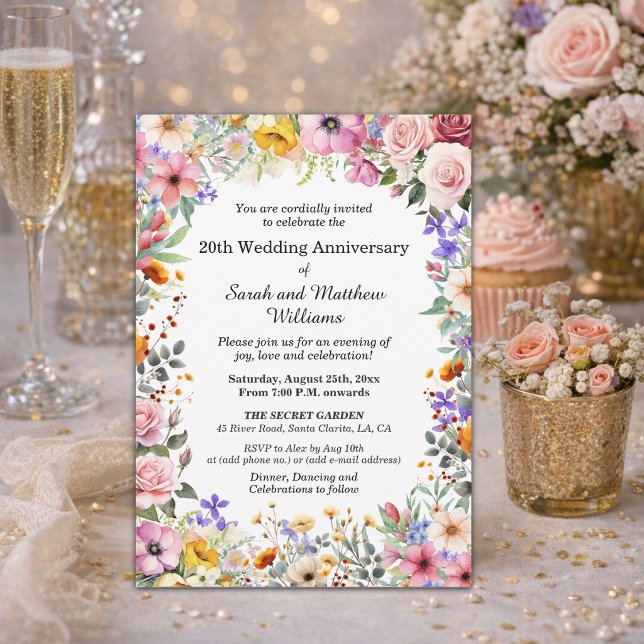 Chic Garden Flowers 20th Wedding Anniversary Invitation (Creator Uploaded)