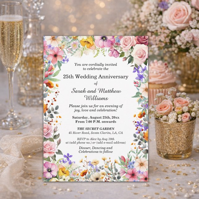Chic Garden Flowers 25th Wedding Anniversary Invitation (Creator Uploaded)