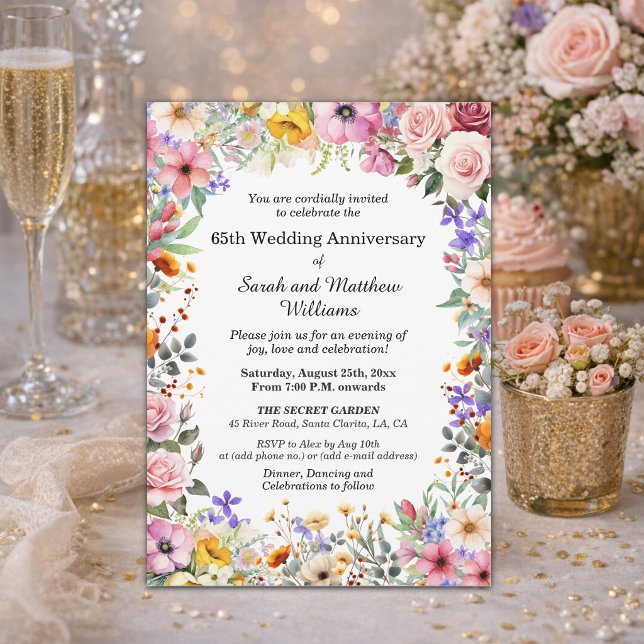 Chic Garden Flowers 65th Wedding Anniversary Invitation (Creator Uploaded)