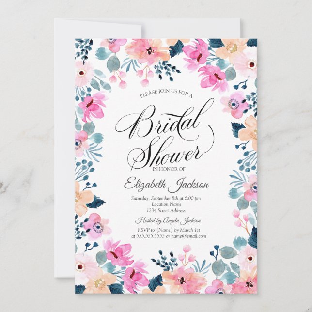 Chic Garden Pink Flowers  Bridal Shower  Invitation (Front)