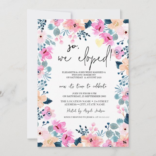 Chic Garden Pink Flowers Elopement   Invitation (Front)