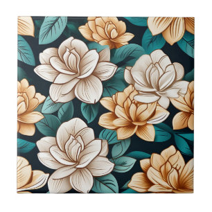Chic Gardenia Flower and Leaves Tile