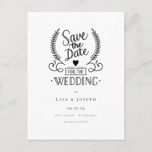 Chic Garland Black and White Script Save the Date Postcard