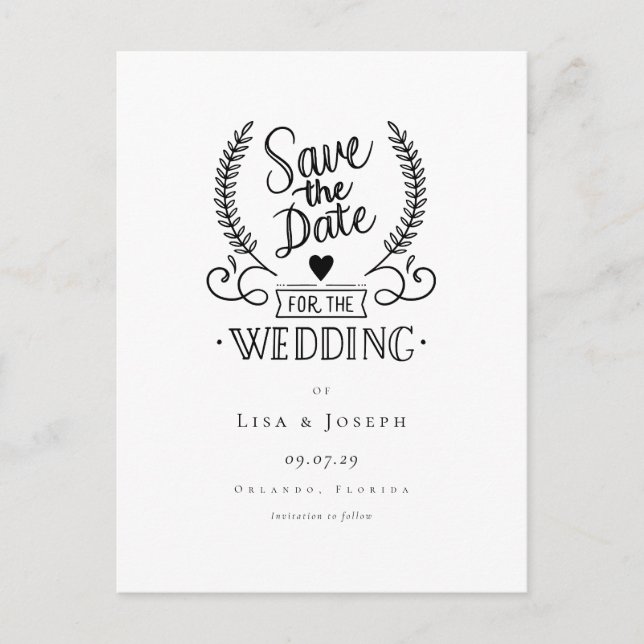 Chic Garland Black and White Script Save the Date Postcard (Front)