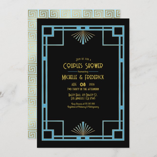 Chic Gatsby Art Deco Blue & Gold Couples Shower Invitation (Front/Back)