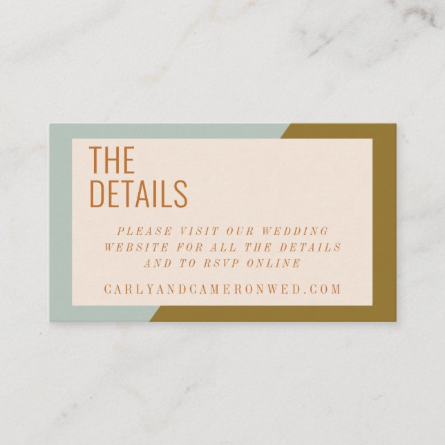 Chic Geometric Blue and Olive Wedding Website Enclosure Card (Front)