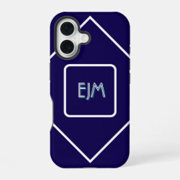 Chic Geometric Blue and White Monogrammed iPhone 16 Case