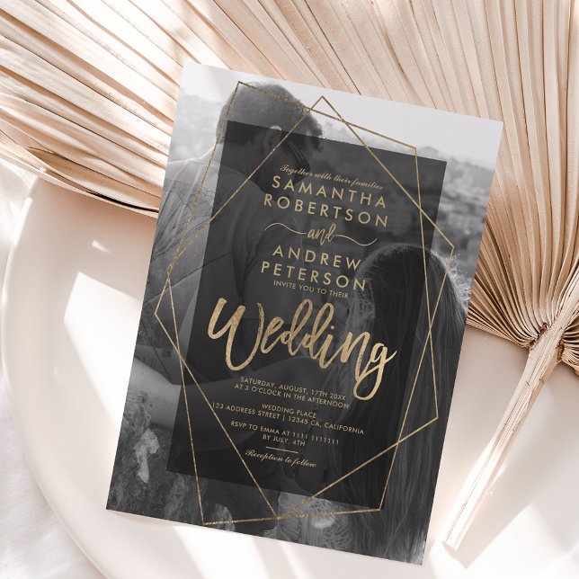 Chic geometric gold typography photo wedding invitation (Creator Uploaded)
