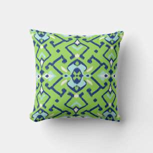 Chic geometric green blue ikat tribal pattern cushion