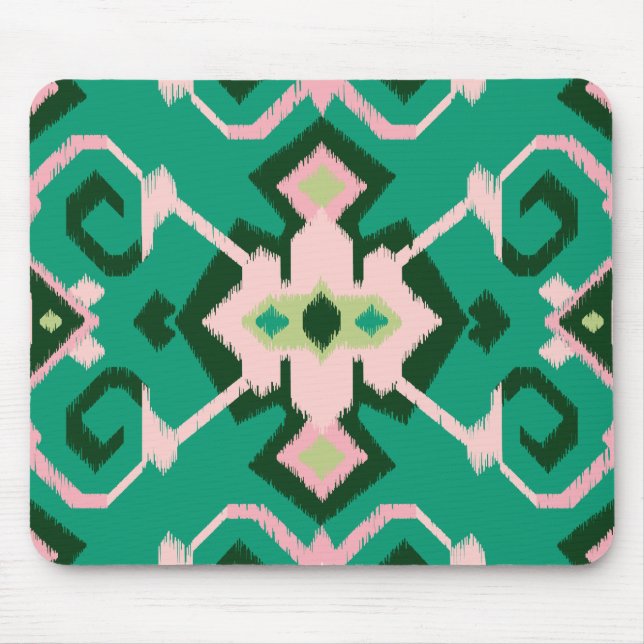 Chic geometric green pink ikat tribal pattern mouse pad (Front)