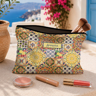 Chic Geometric Mediterranean Orange Tiles Monogram Accessory Pouch