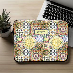 Chic geometric Mediterranean orange tiles monogram Laptop Sleeve
