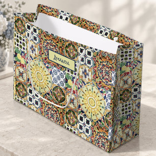 Chic geometric Mediterranean orange tiles monogram Large Gift Bag