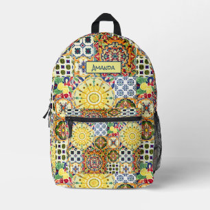 Chic geometric Mediterranean orange tiles monogram Printed Backpack