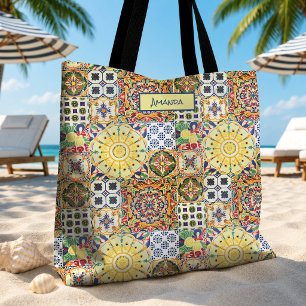 Chic geometric Mediterranean orange tiles monogram Tote Bag